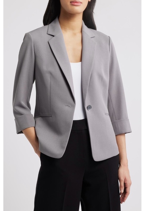 Kasper Rolled Sleeves Stretch Crepe One-Button Tailored Blazer In Grey Garden